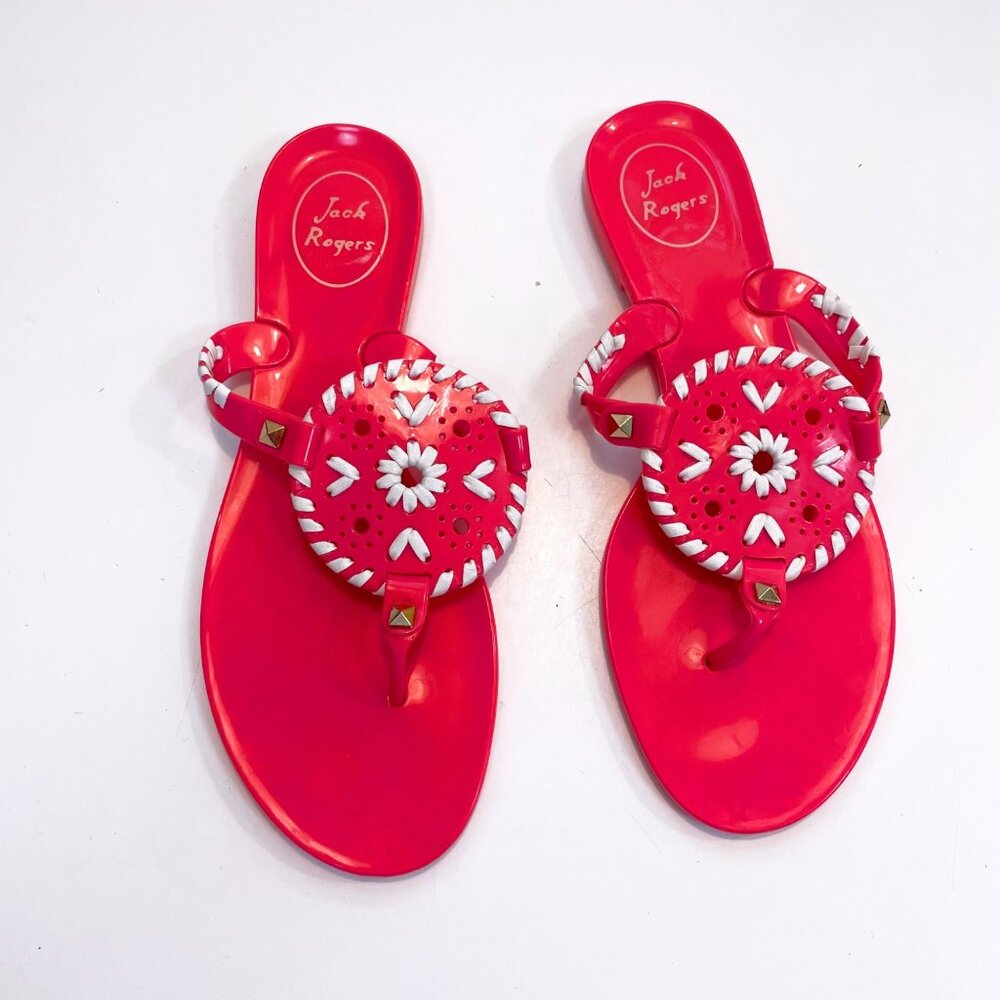 Jack Rogers Girls Georgica Coral Pink with White Stitching Jelly Sandals, Size 4
